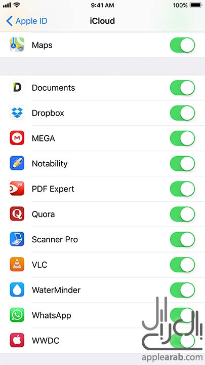 إعدادات iCloud لتطبيقات الطرف الثالث في iOS 11